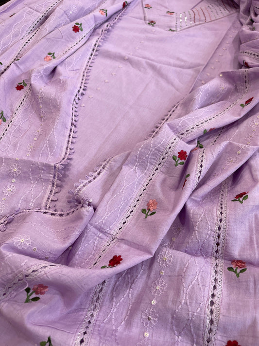 Lavender Suit Set with Thread and Sequin Embroidery in Pure Cotton - Masakalee