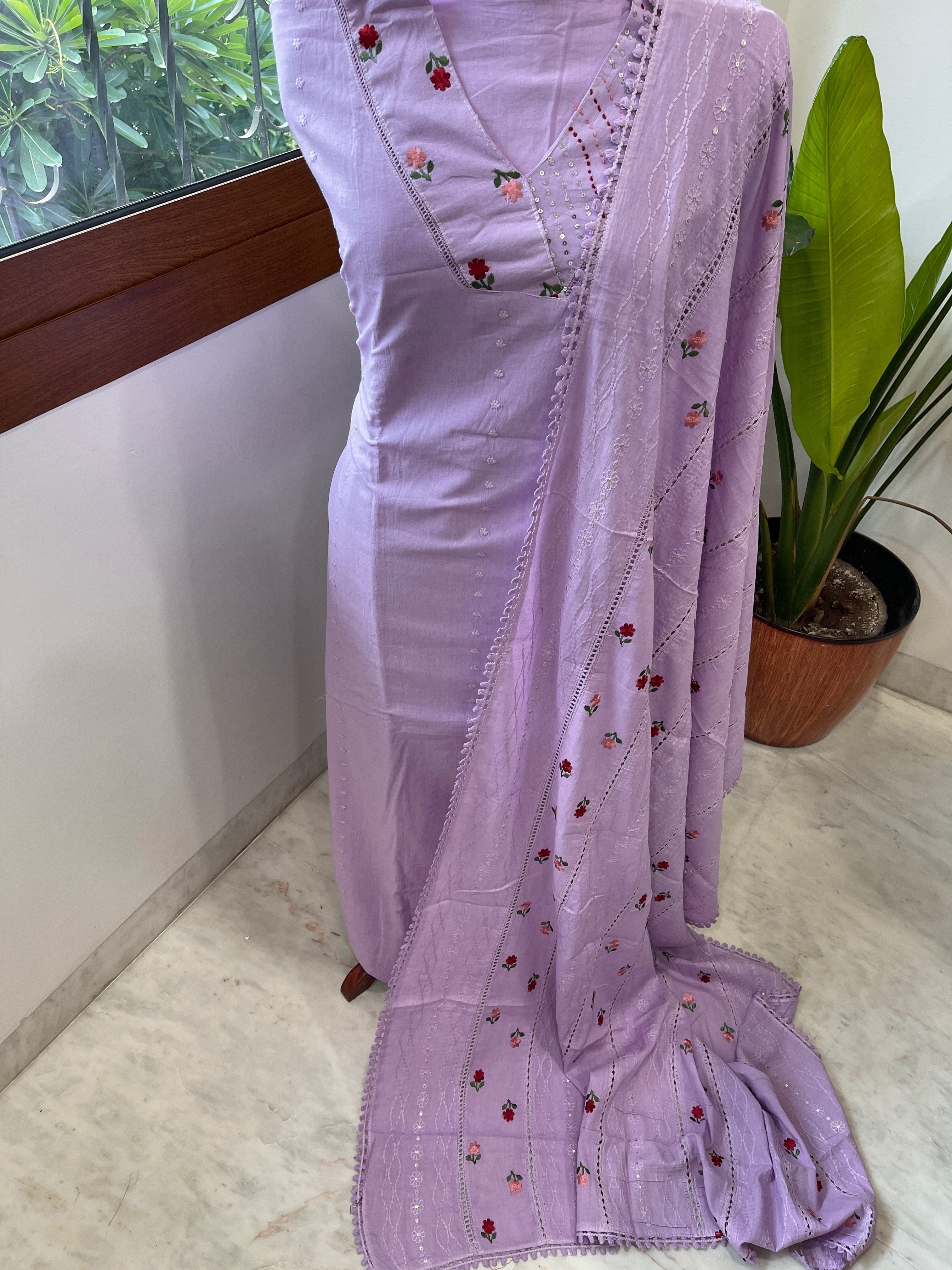 Lavender Suit Set with Thread and Sequin Embroidery in Pure Cotton - Masakalee