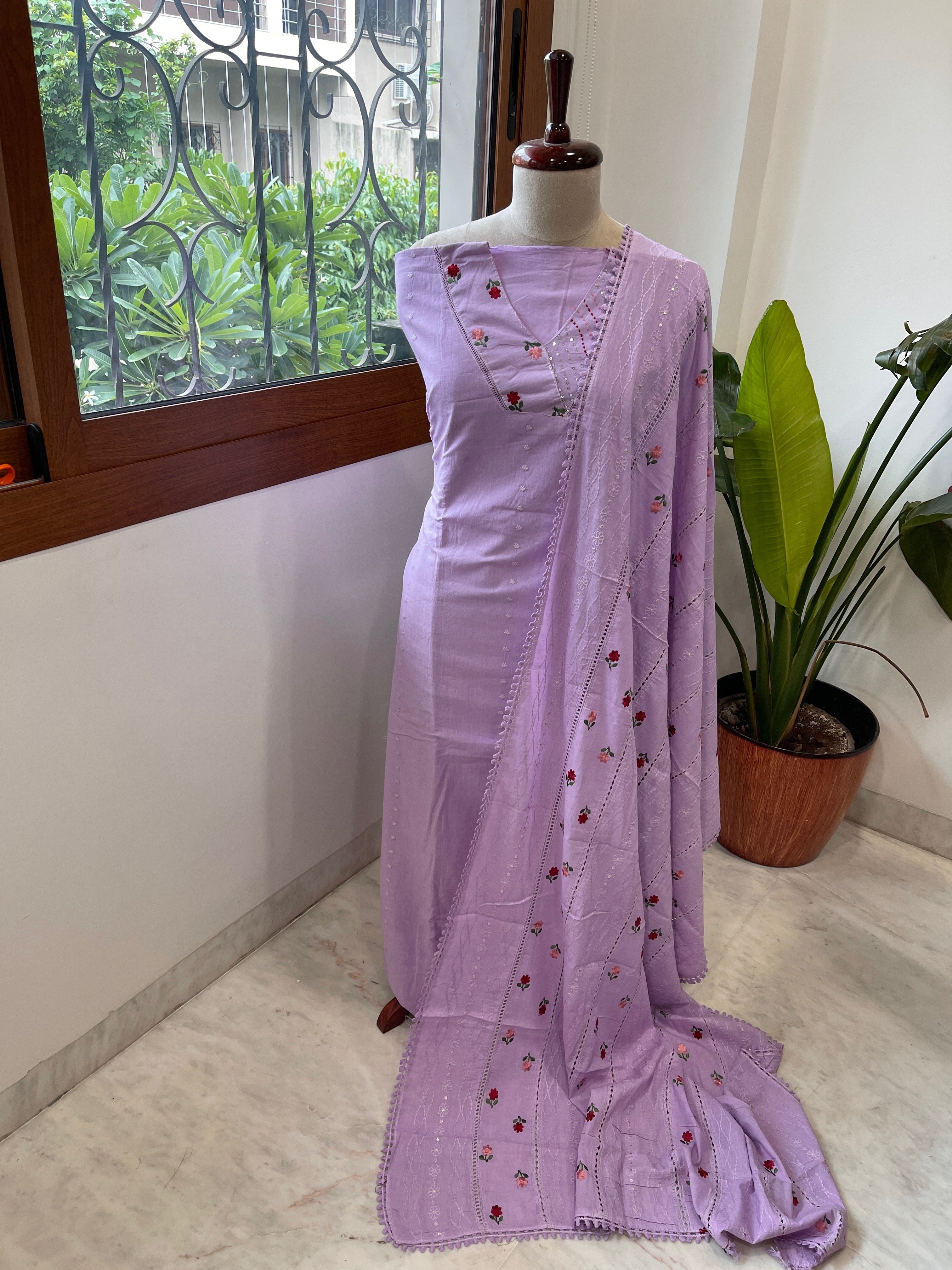 Lavender Suit Set with Thread and Sequin Embroidery in Pure Cotton - Masakalee