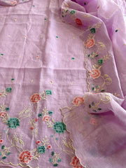 Lavender Suit Set with Thread Embroidery in Mul Chanderi - Masakalee
