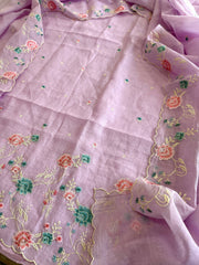 Lavender Suit Set with Thread Embroidery in Mul Chanderi - Masakalee