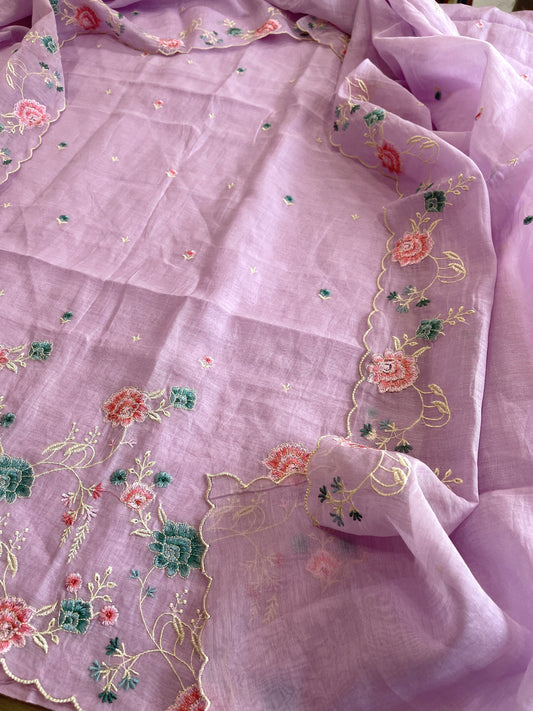 Lavender Suit Set with Thread Embroidery in Mul Chanderi - Masakalee
