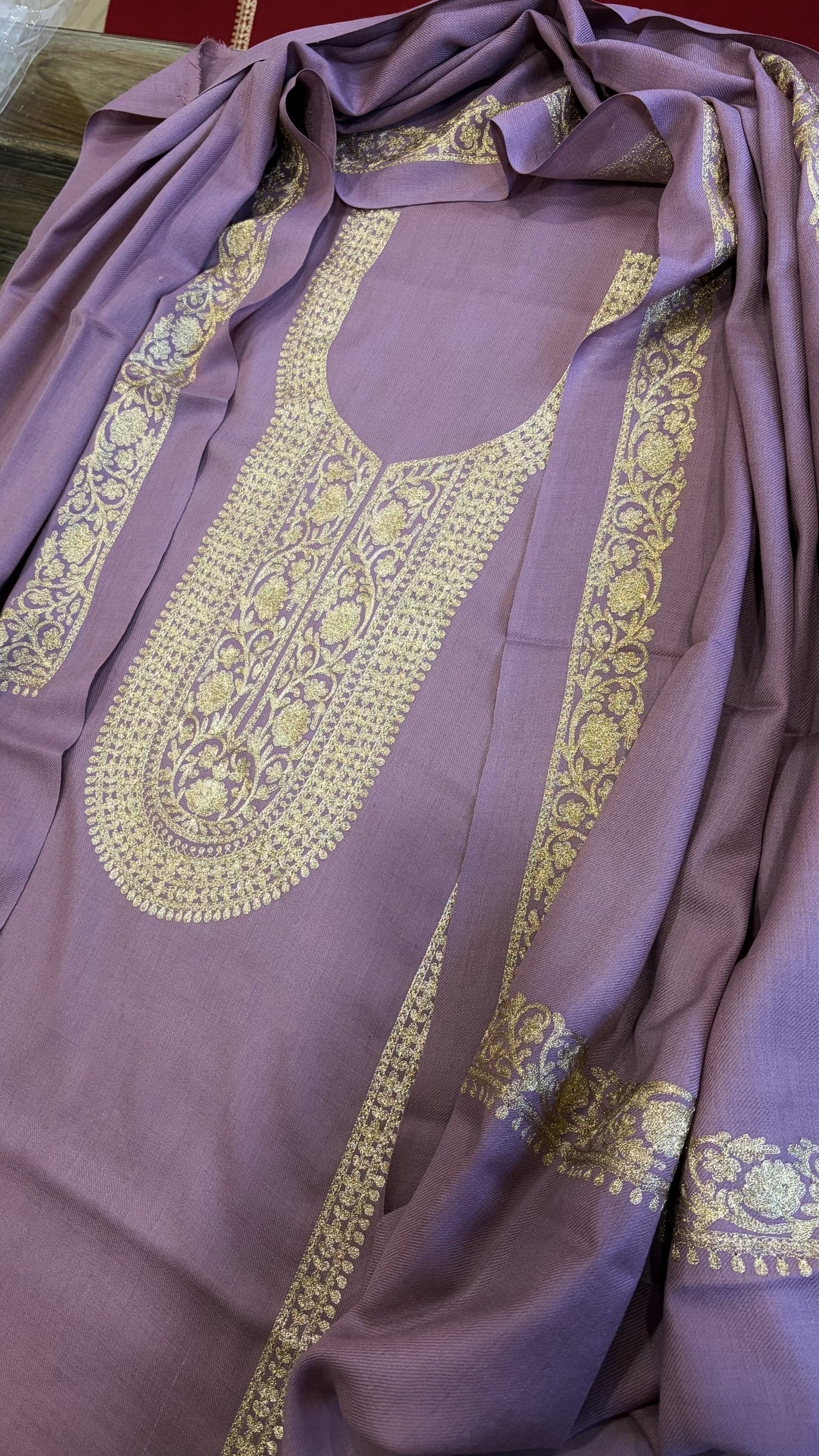 Lavender Winter Suit Set with Aari Work in Pashmina Wool - Masakalee