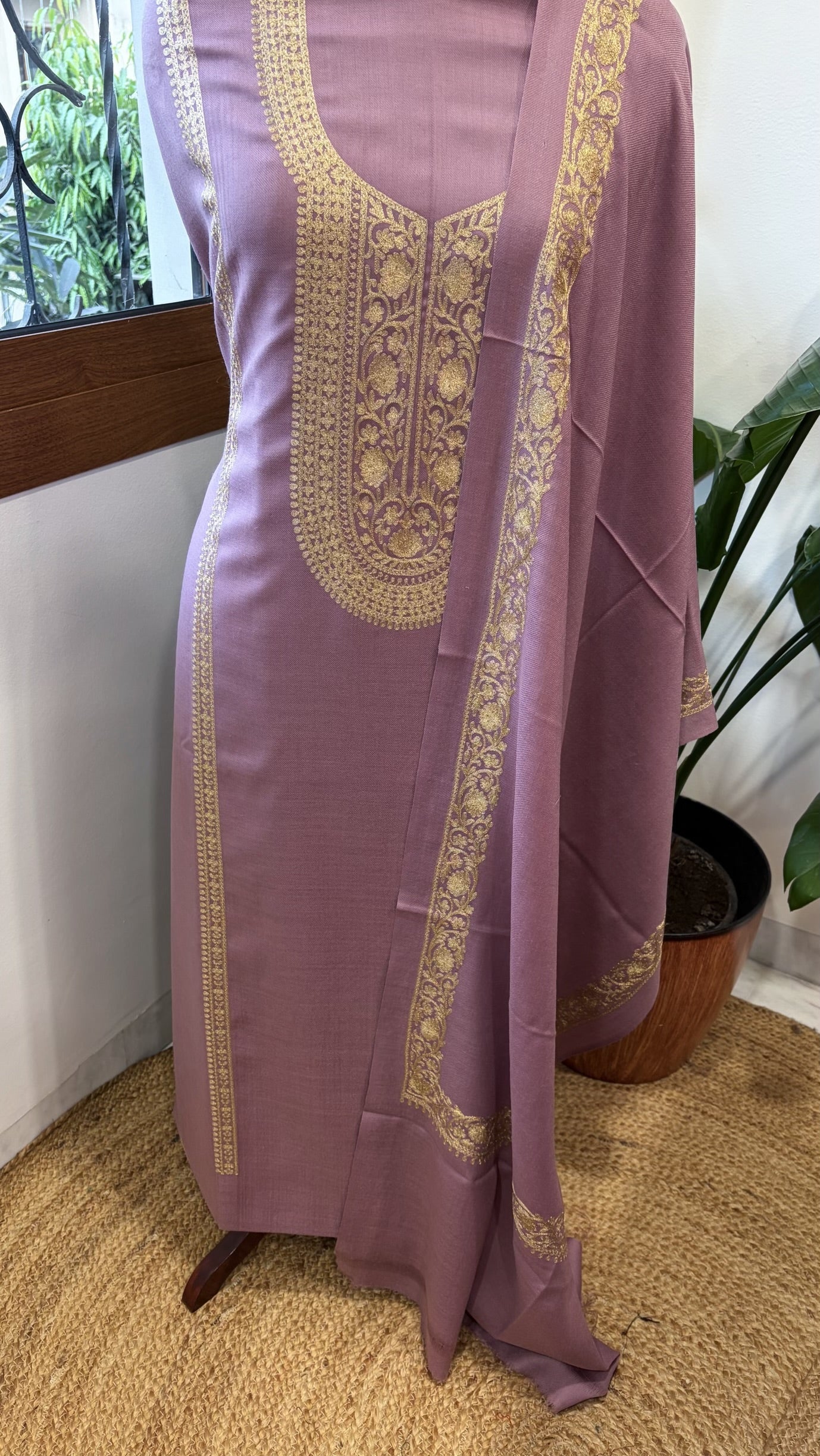 Lavender Winter Suit Set with Aari Work in Pashmina Wool - Masakalee