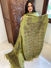 Leaf Green Suit Set with Kantha Handwork in Pure Tussar Silk - Masakalee