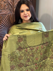 Leaf Green Suit Set with Kantha Handwork in Pure Tussar Silk - Masakalee