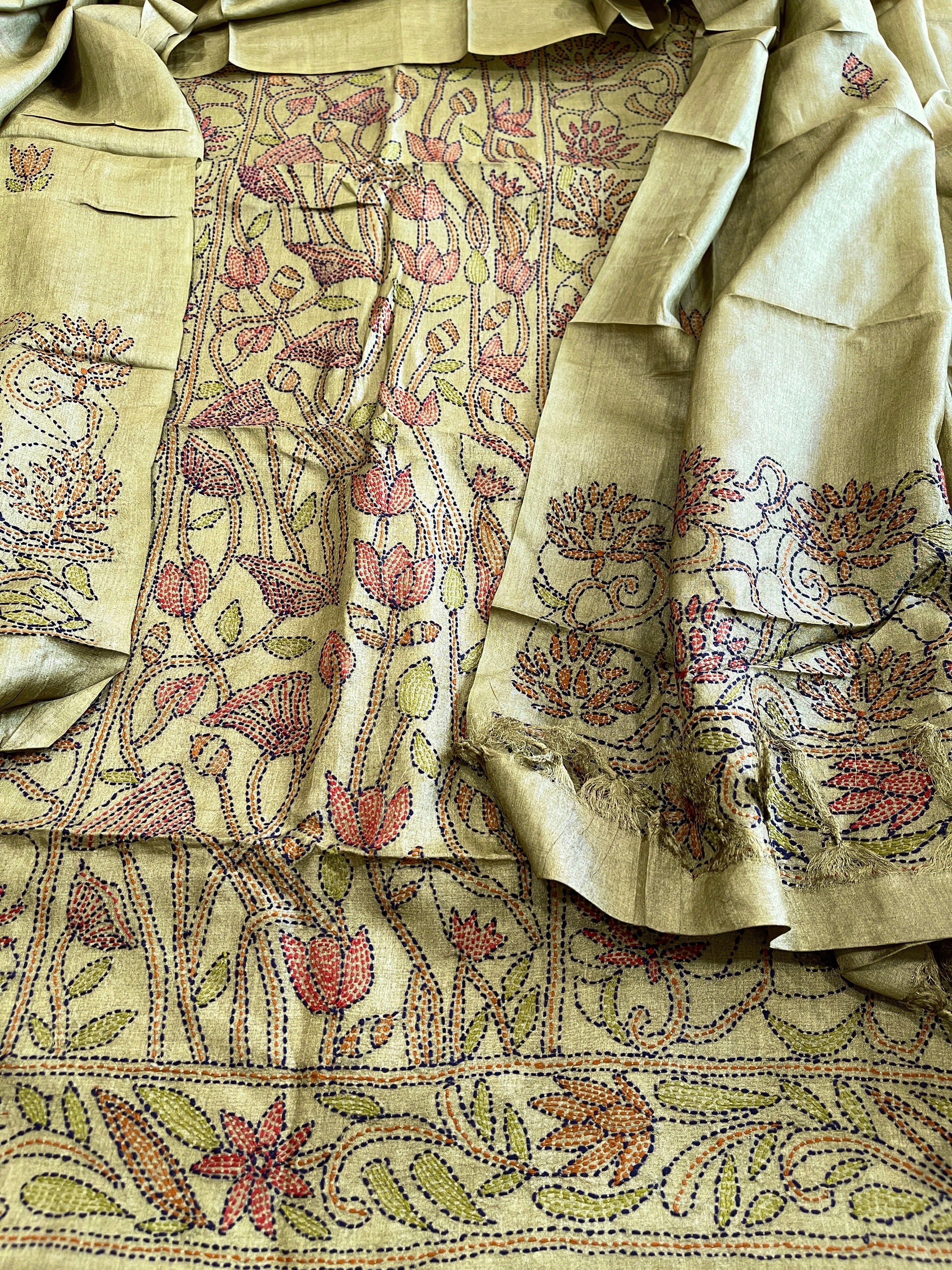 Leaf Green Suit Set with Kantha Handwork in Pure Tussar Silk - Masakalee