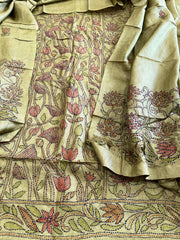 Leaf Green Suit Set with Kantha Handwork in Pure Tussar Silk - Masakalee