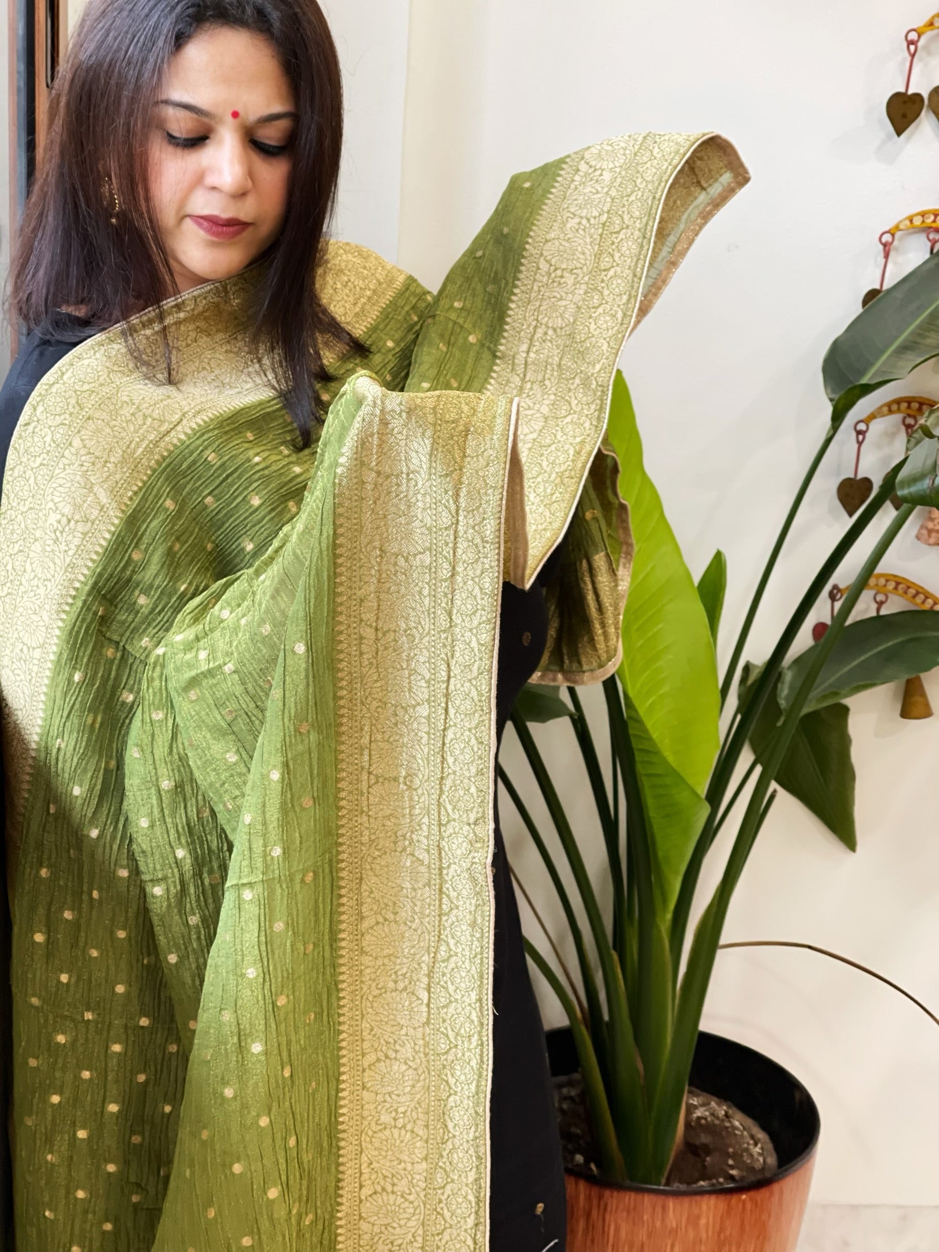 Leaf Green Woven Banarasi Dupatta in Tissue - Masakalee