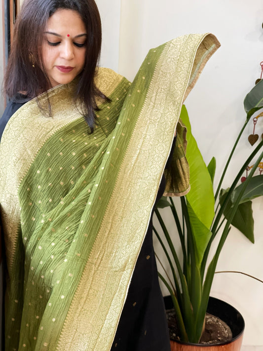 Leaf Green Woven Banarasi Dupatta in Tissue - Masakalee