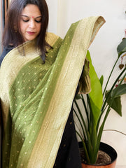 Leaf Green Woven Banarasi Dupatta in Tissue - Masakalee