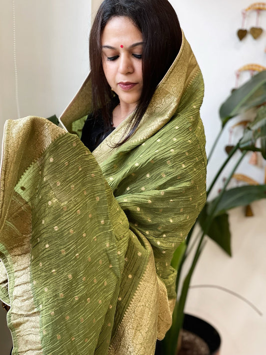Leaf Green Woven Banarasi Dupatta in Tissue - Masakalee