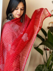 Leheriya Dupatta cum Stole with Lucknowi Handwork - Masakalee