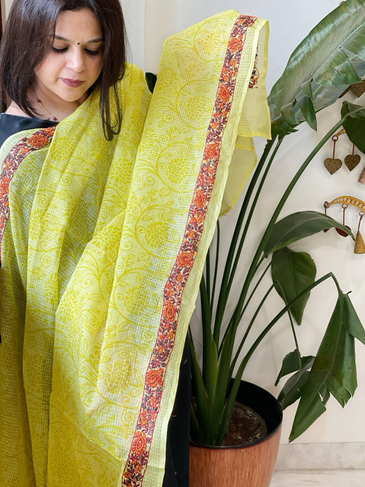 Lemon Yellow Kota Cotton Dupatta with Kantha Hand Embroidery - Masakalee