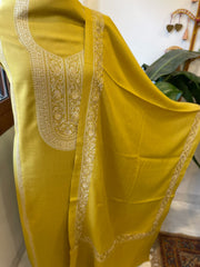 Lemon Yellow Winter Suit Set with Aari Work in Pashmina Wool - Masakalee