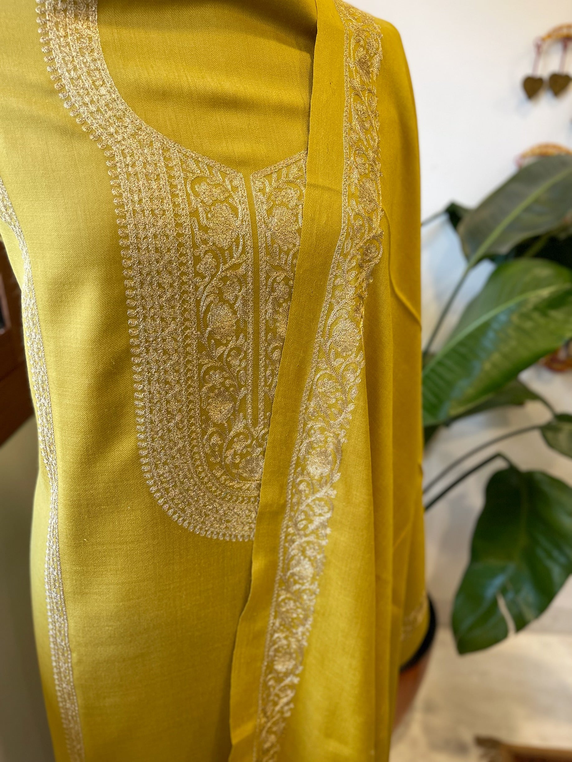 Lemon Yellow Winter Suit Set with Aari Work in Pashmina Wool - Masakalee