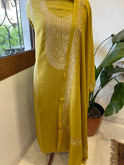 Lemon Yellow Winter Suit Set with Aari Work in Pashmina Wool - Masakalee
