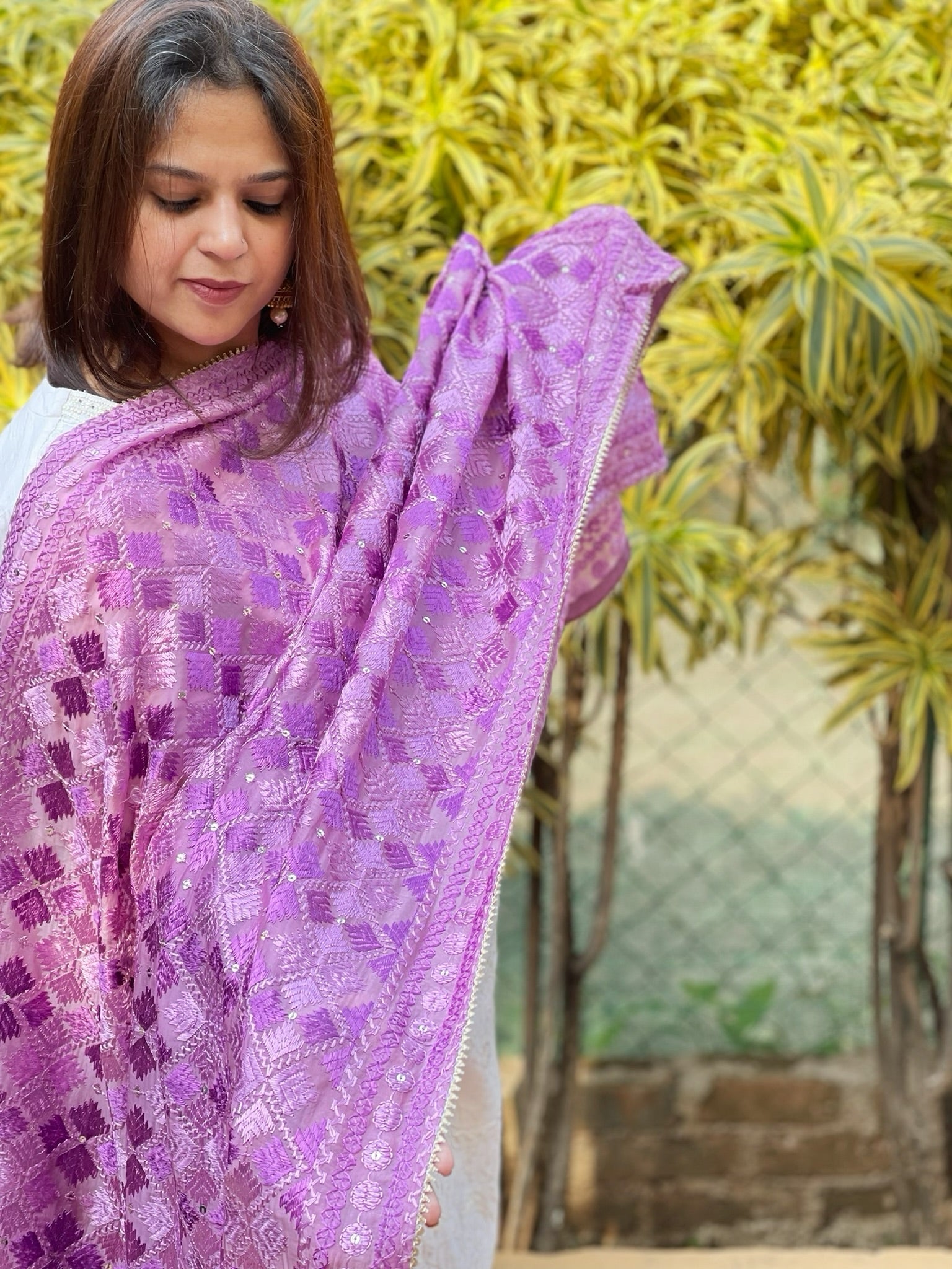 Lilac Designer Phulkari Dupatta in Chinon - Masakalee