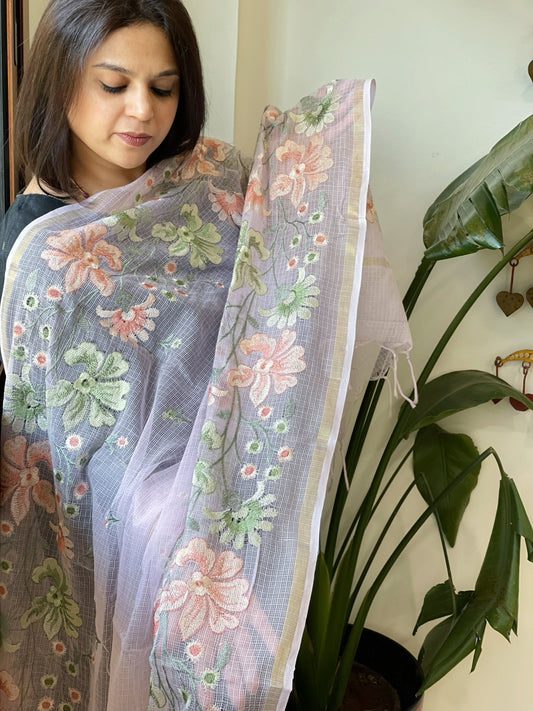 Lilac Kota Cotton Dupatta with Thread Embroidery - Masakalee