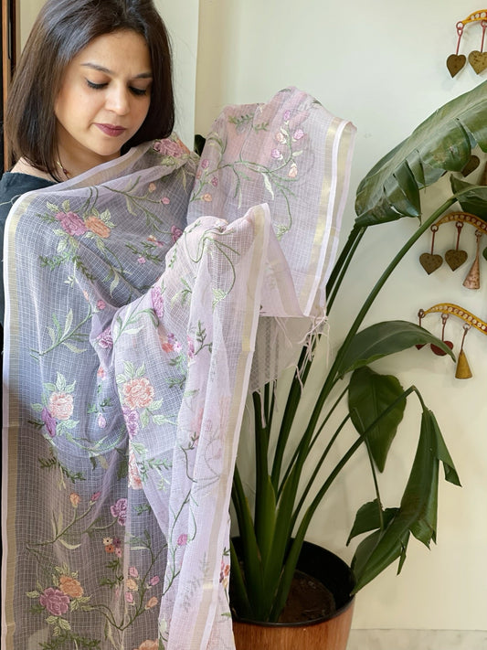 Lilac Kota Cotton Dupatta with Thread Embroidery - Masakalee