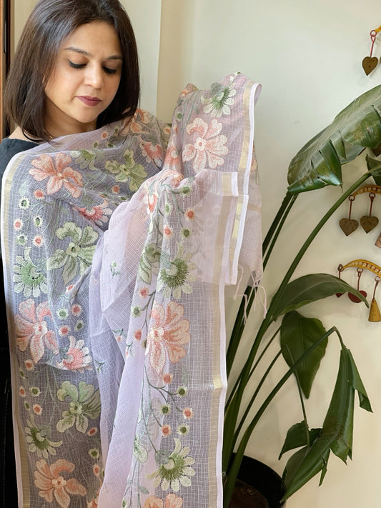 Lilac Kota Cotton Dupatta with Thread Embroidery - Masakalee
