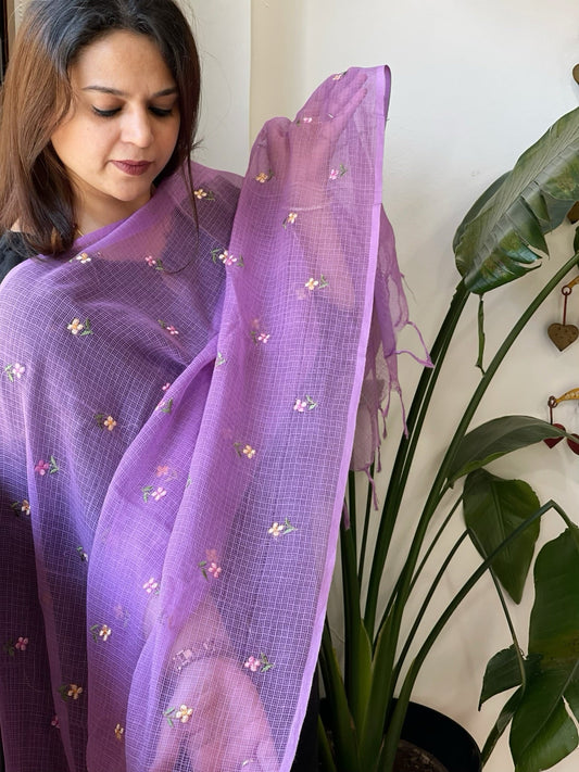 Lilac Kota Cotton Dupatta with Thread Embroidery - Masakalee
