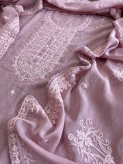 Lilac Suit Set with Aari Threadwork and Pearl, Sequin work in Pure Mul Chanderi - Masakalee