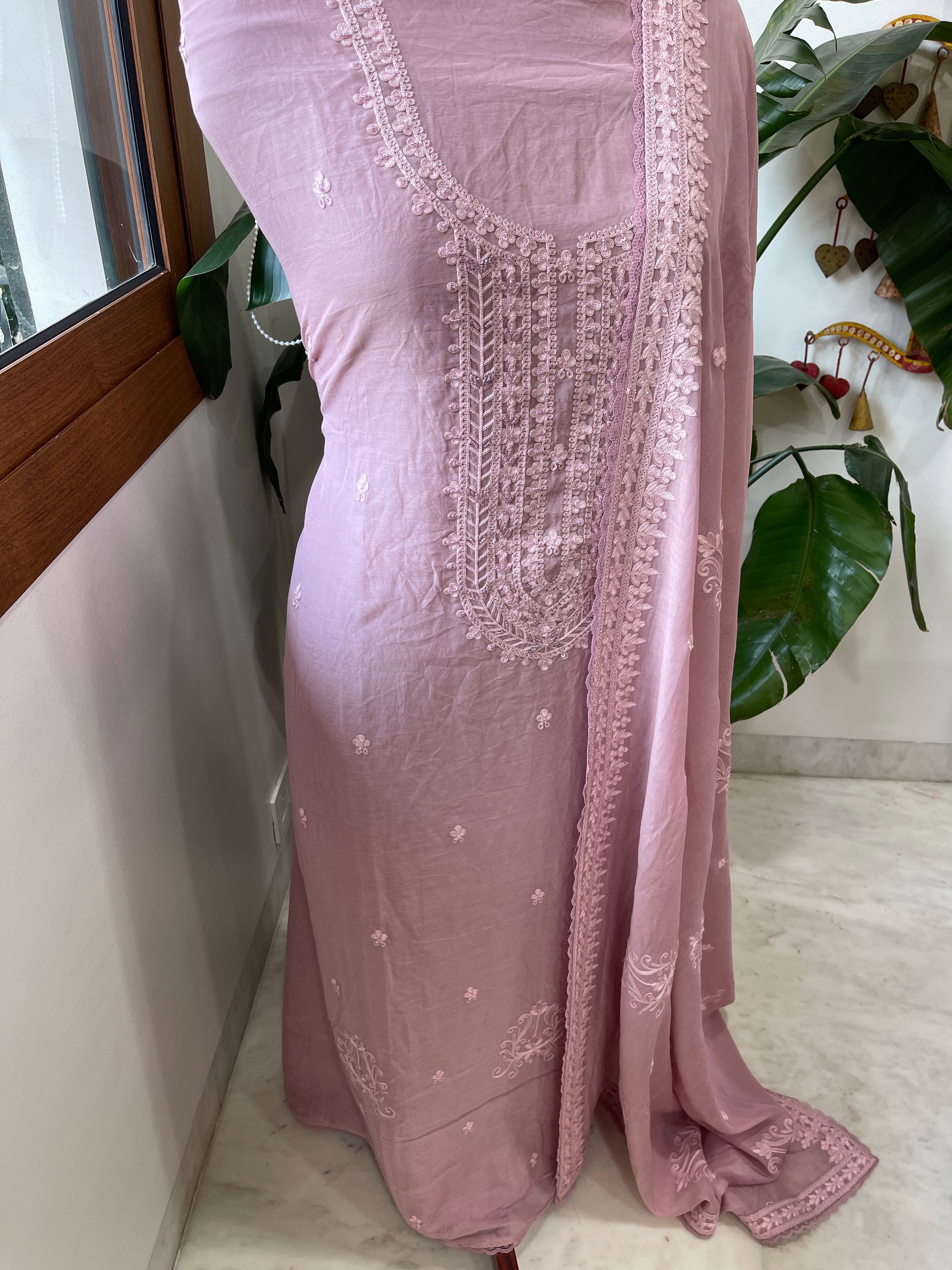 Lilac Suit Set with Aari Threadwork and Pearl, Sequin work in Pure Mul Chanderi - Masakalee