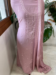 Lilac Suit Set with Aari Threadwork and Pearl, Sequin work in Pure Mul Chanderi - Masakalee