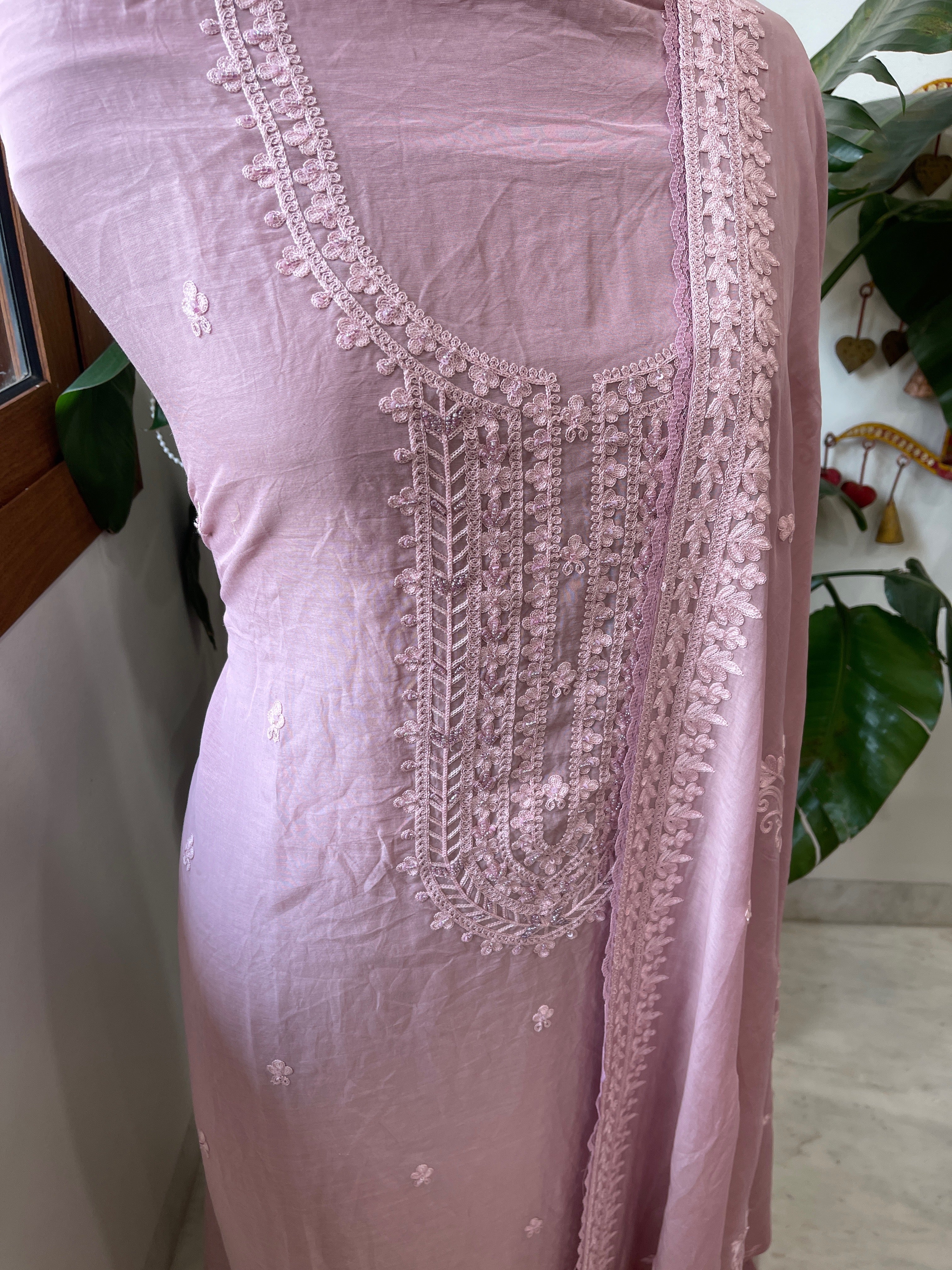 Lilac Suit Set with Aari Threadwork and Pearl, Sequin work in Pure Mul Chanderi - Masakalee