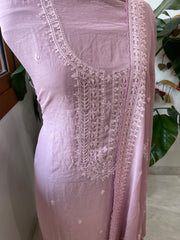 Lilac Suit Set with Aari Threadwork and Pearl, Sequin work in Pure Mul Chanderi - Masakalee