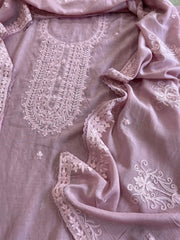 Lilac Suit Set with Aari Threadwork and Pearl, Sequin work in Pure Mul Chanderi - Masakalee
