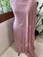 Lilac Suit Set with Aari Threadwork and Pearl, Sequin work in Pure Mul Chanderi - Masakalee