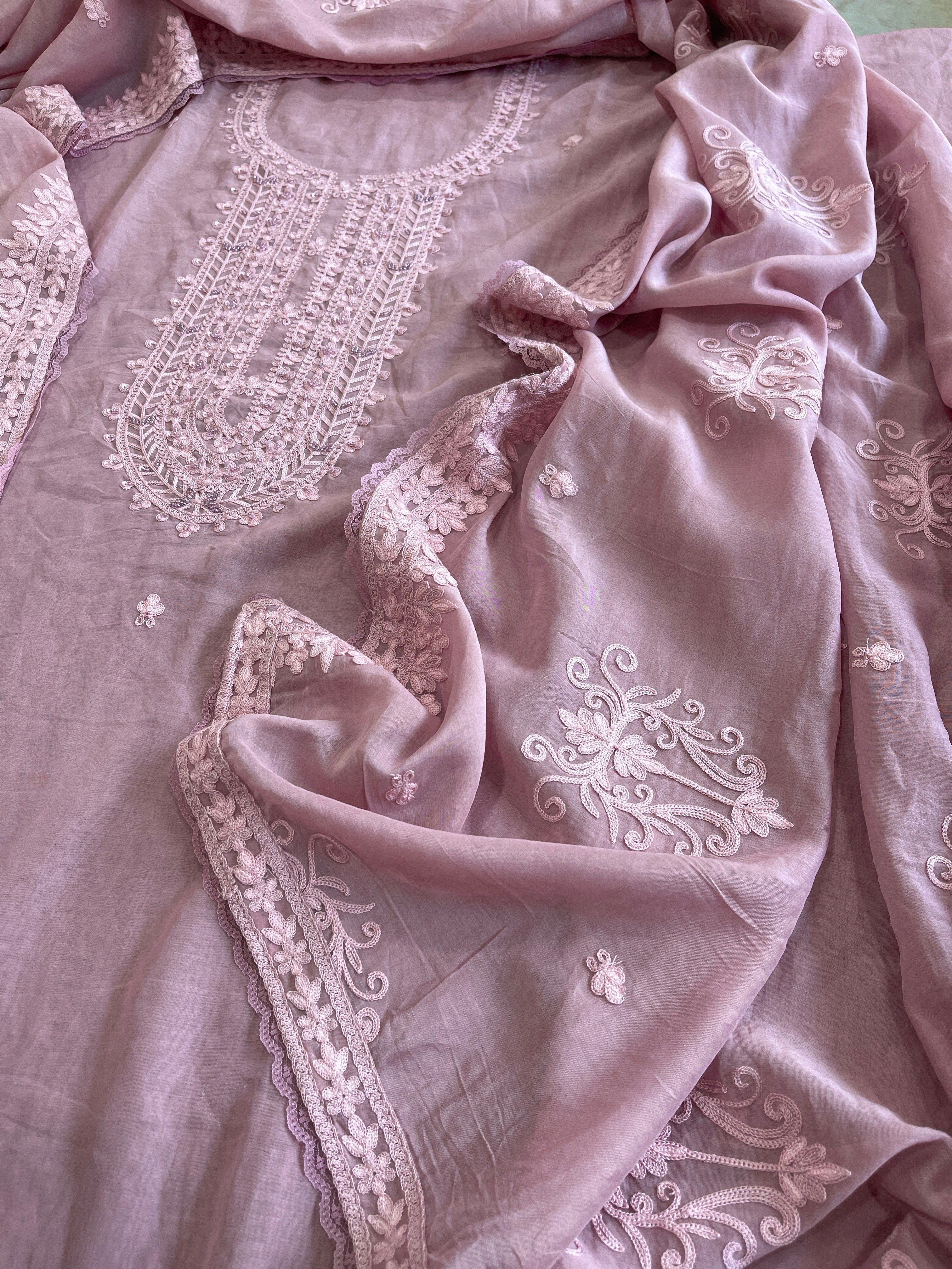 Lilac Suit Set with Aari Threadwork and Pearl, Sequin work in Pure Mul Chanderi - Masakalee