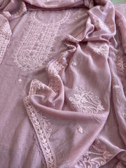 Lilac Suit Set with Aari Threadwork and Pearl, Sequin work in Pure Mul Chanderi - Masakalee