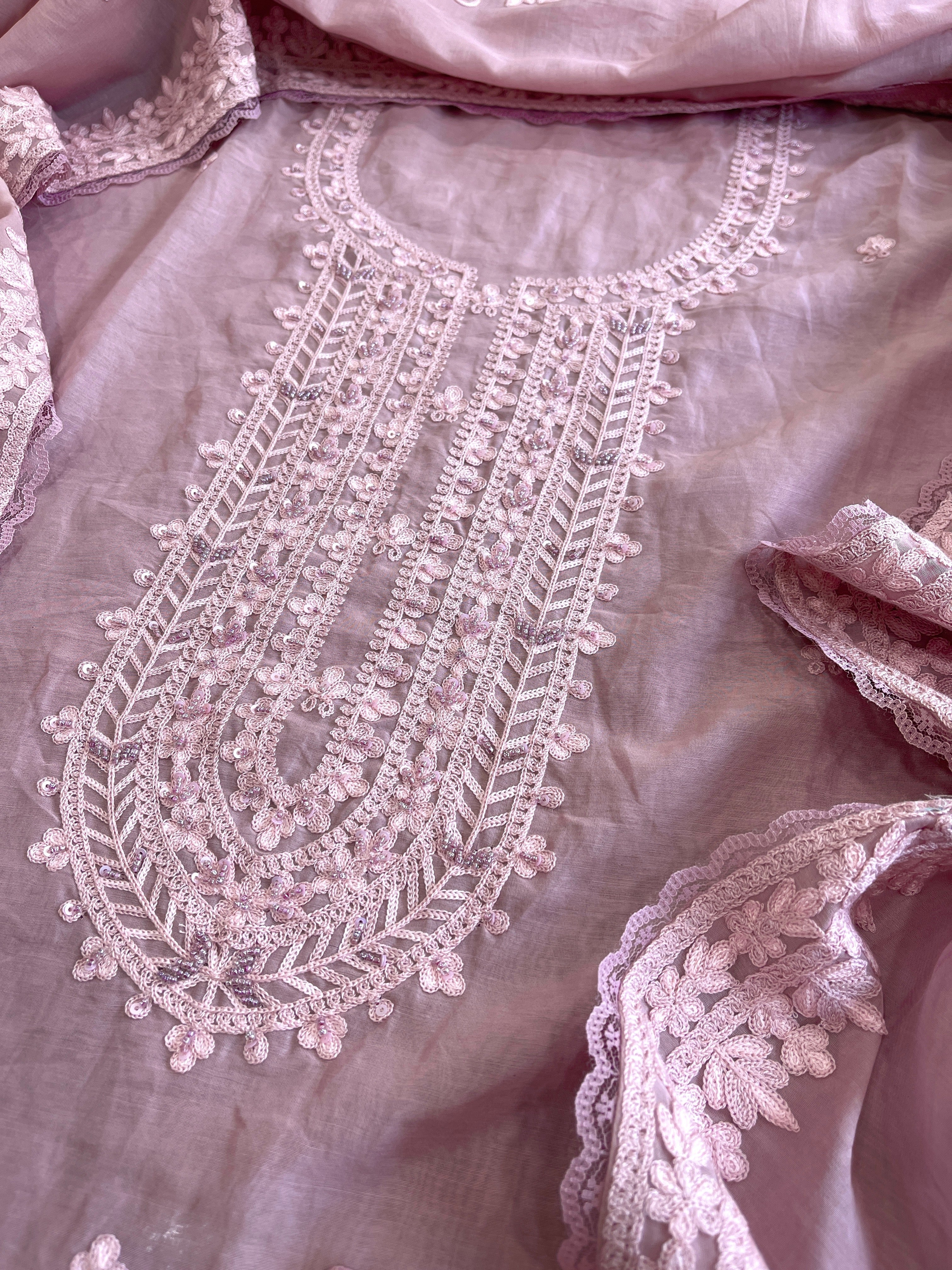 Lilac Suit Set with Aari Threadwork and Pearl, Sequin work in Pure Mul Chanderi - Masakalee