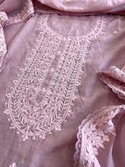 Lilac Suit Set with Aari Threadwork and Pearl, Sequin work in Pure Mul Chanderi - Masakalee