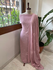 Lilac Suit Set with Aari Threadwork and Pearl, Sequin work in Pure Mul Chanderi - Masakalee