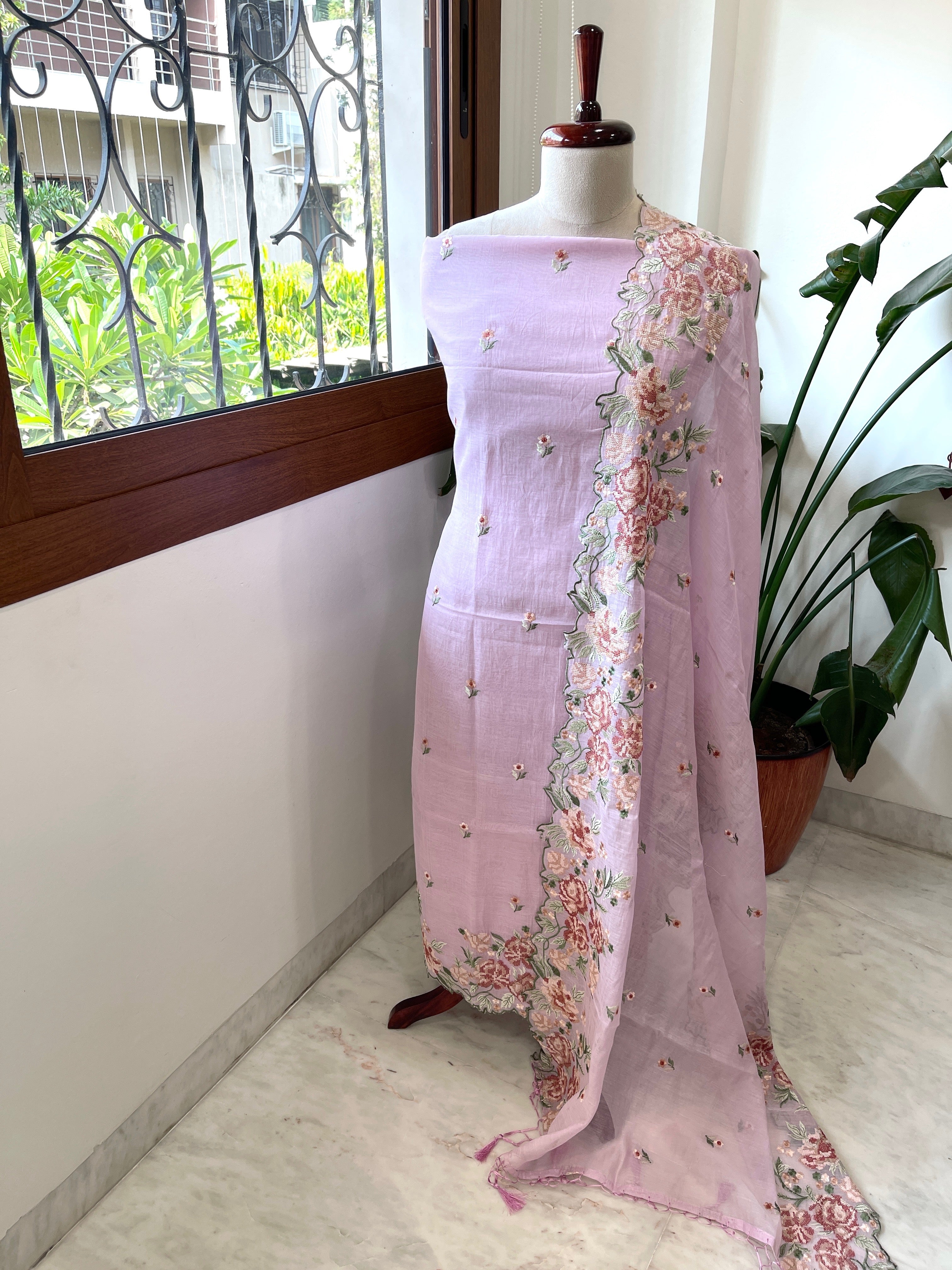 Lilac Suit Set with Cross - Stitch Embroidery in Pure Mul Chanderi - Masakalee