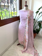 Lilac Suit Set with Cross - Stitch Embroidery in Pure Mul Chanderi - Masakalee