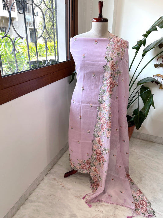 Lilac Suit Set with Cross - Stitch Embroidery in Pure Mul Chanderi - Masakalee