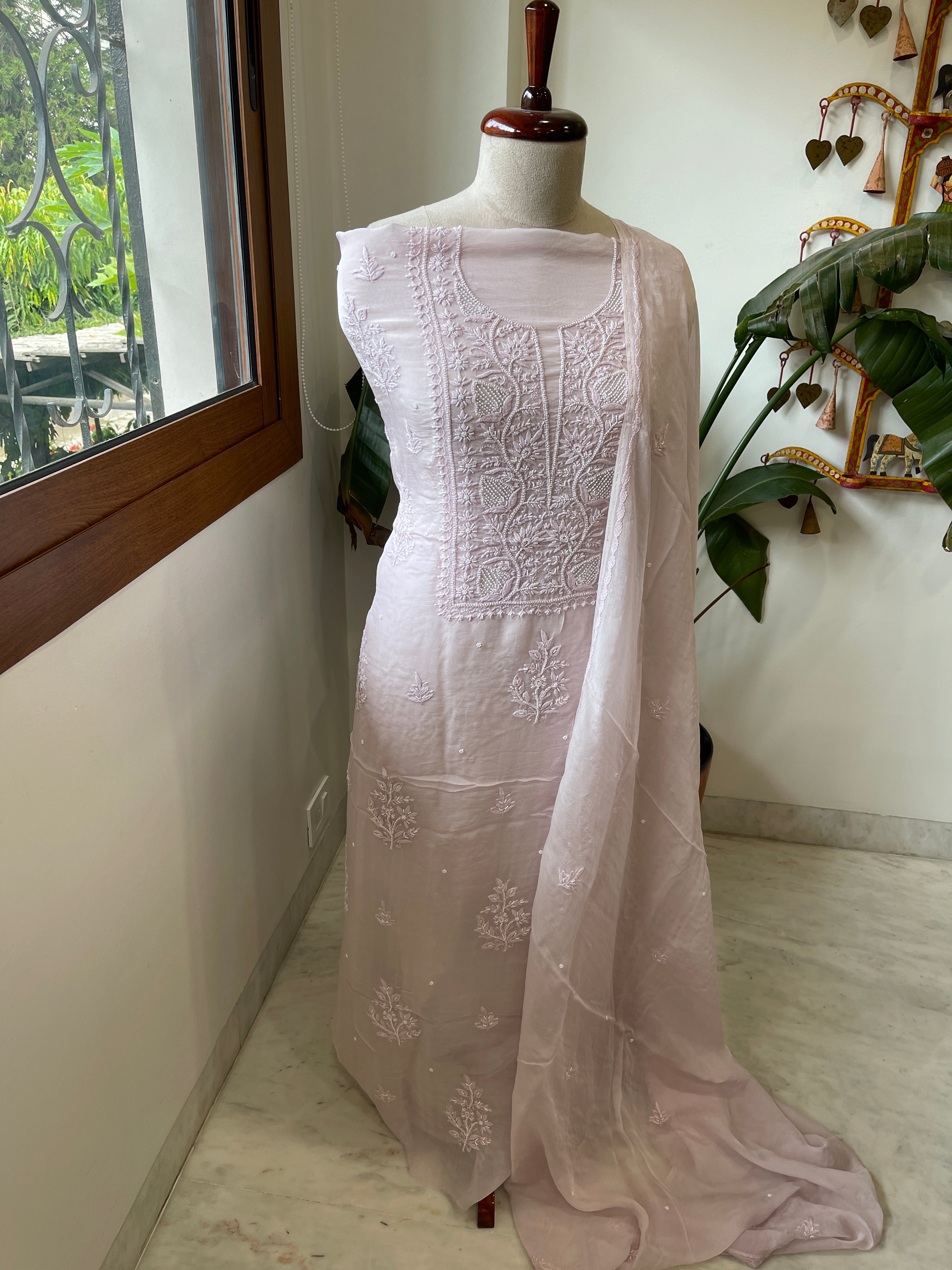 Lilac Suit Set with Lucknowi and Pearl Handwork in Organza Crepe - Masakalee