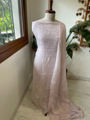 Lilac Suit Set with Lucknowi and Pearl Handwork in Organza Crepe - Masakalee