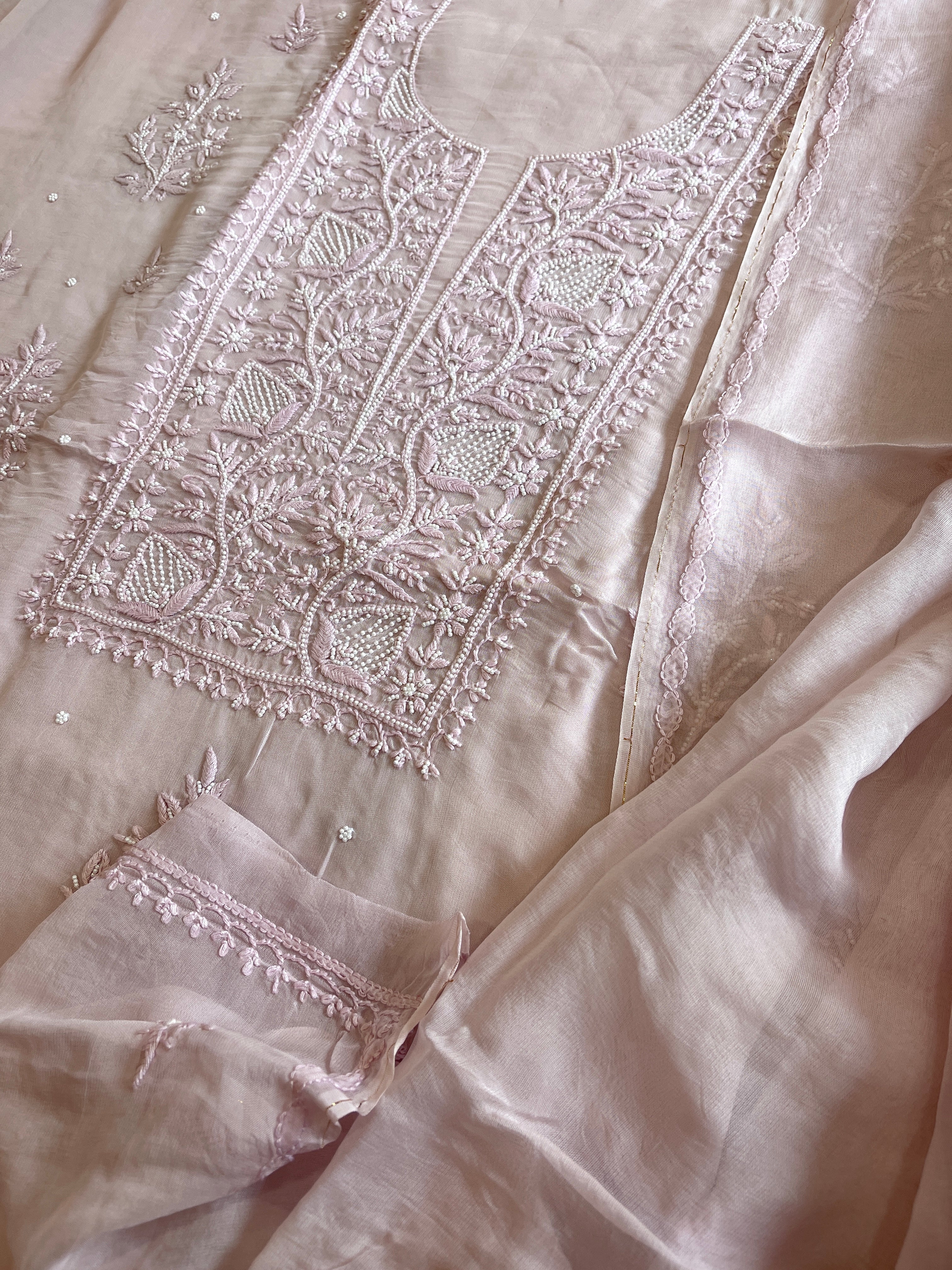 Lilac Suit Set with Lucknowi and Pearl Handwork in Organza Crepe - Masakalee