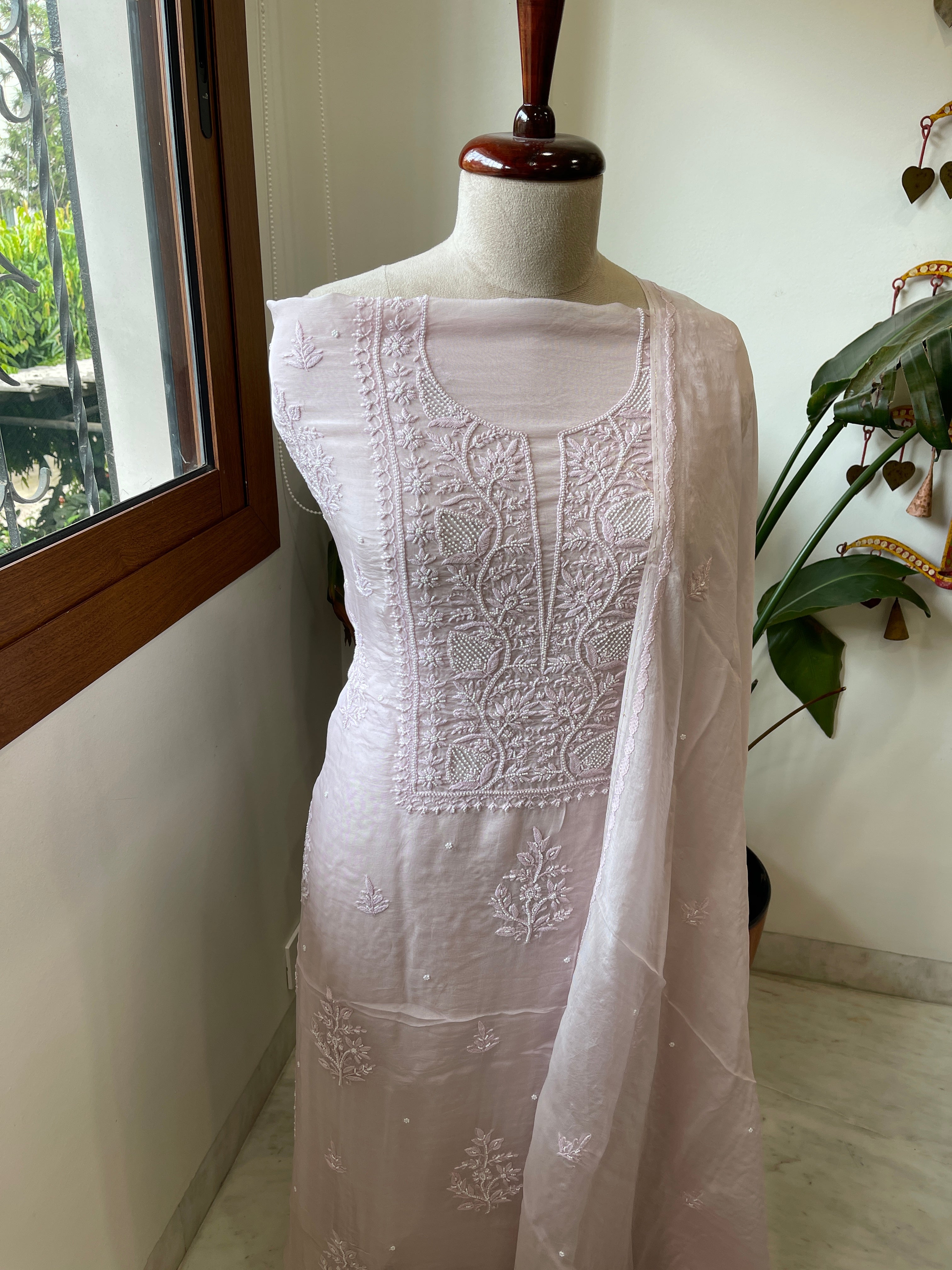 Lilac Suit Set with Lucknowi and Pearl Handwork in Organza Crepe - Masakalee