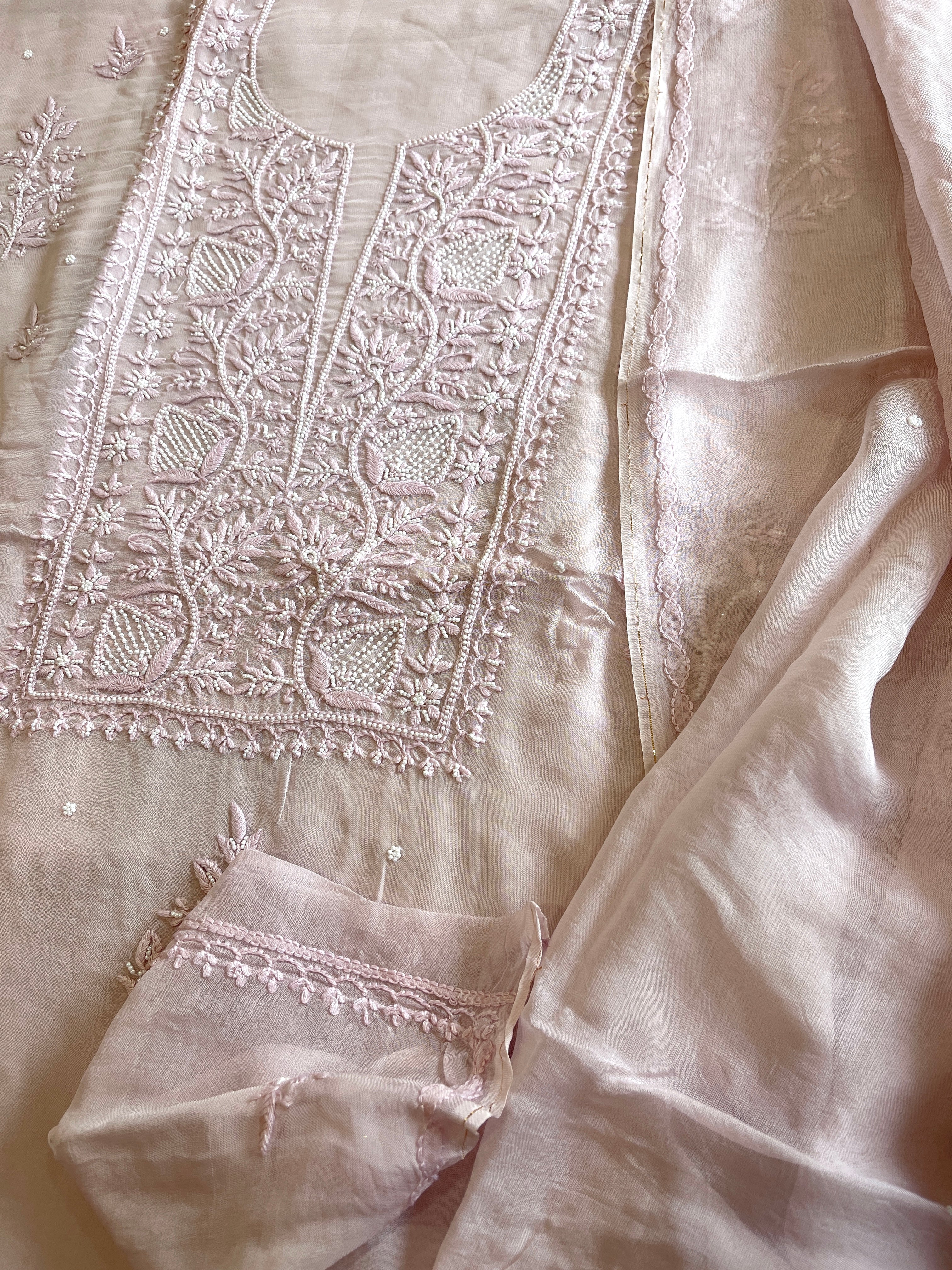 Lilac Suit Set with Lucknowi and Pearl Handwork in Organza Crepe - Masakalee