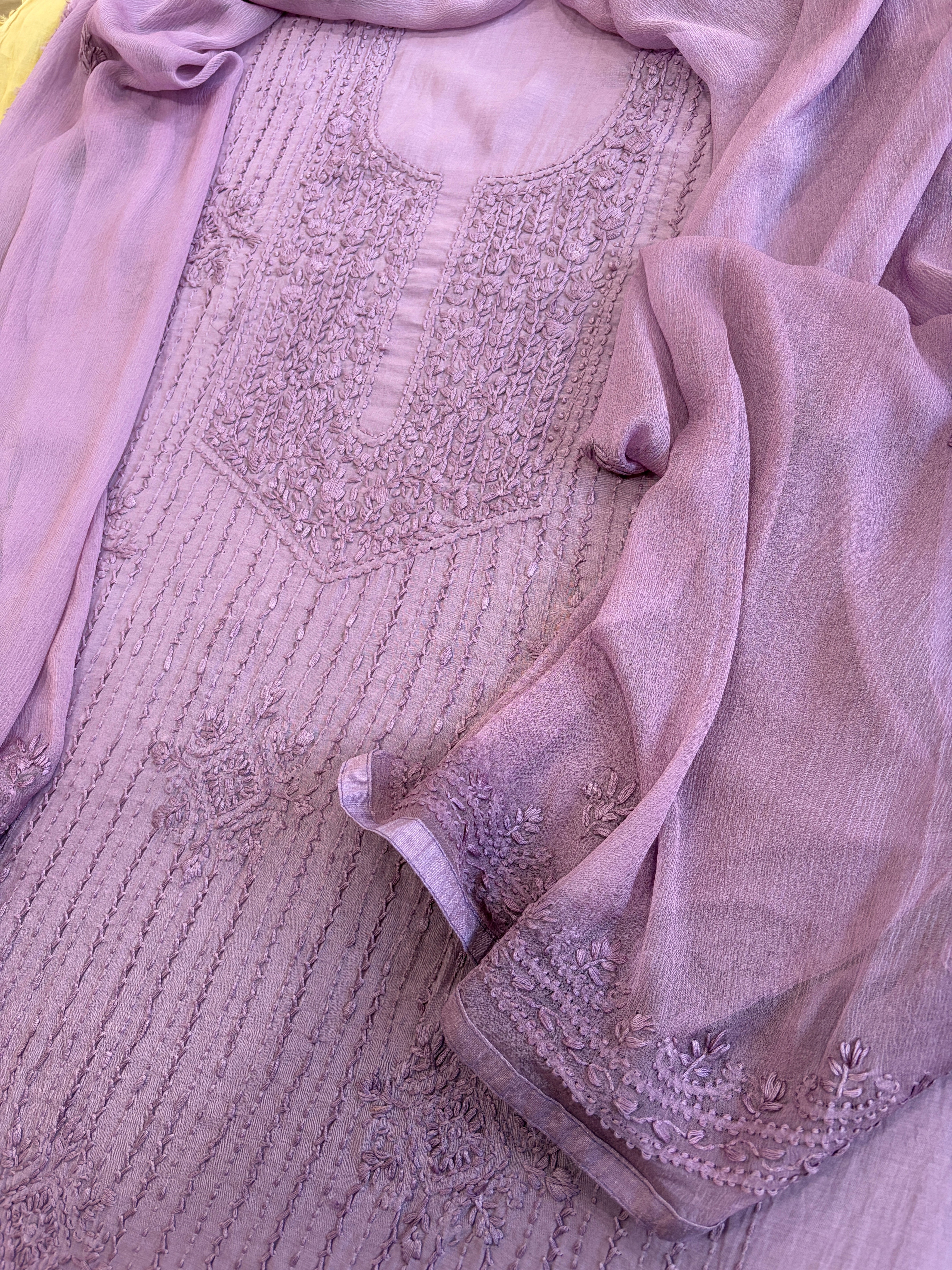 Lilac Suit Set with Lucknowi Handwork in Pure Mul Cotton - Masakalee