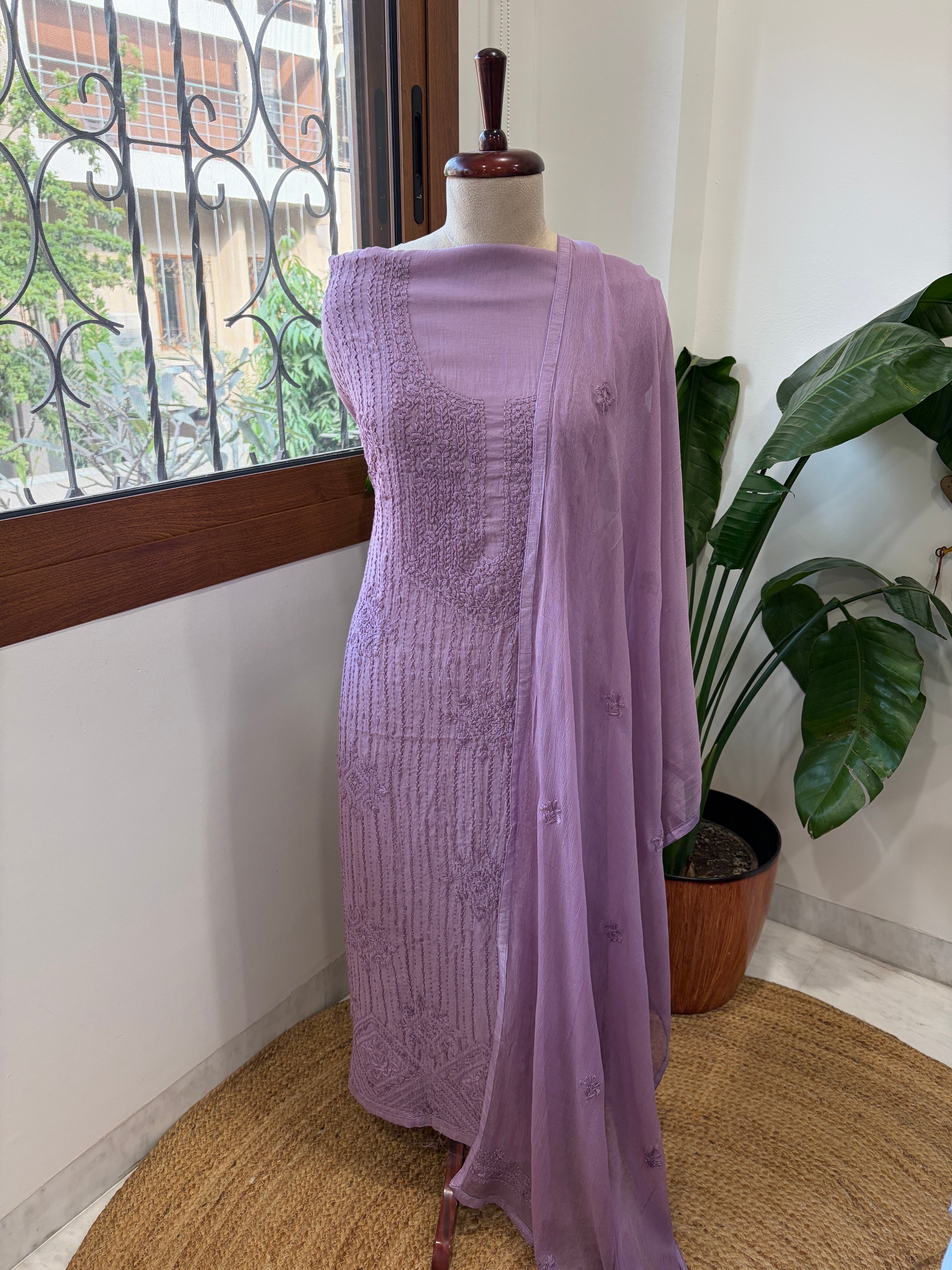 Lilac Suit Set with Lucknowi Handwork in Pure Mul Cotton - Masakalee