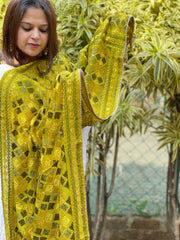 Lime Green Designer Phulkari Dupatta in Chinon - Masakalee