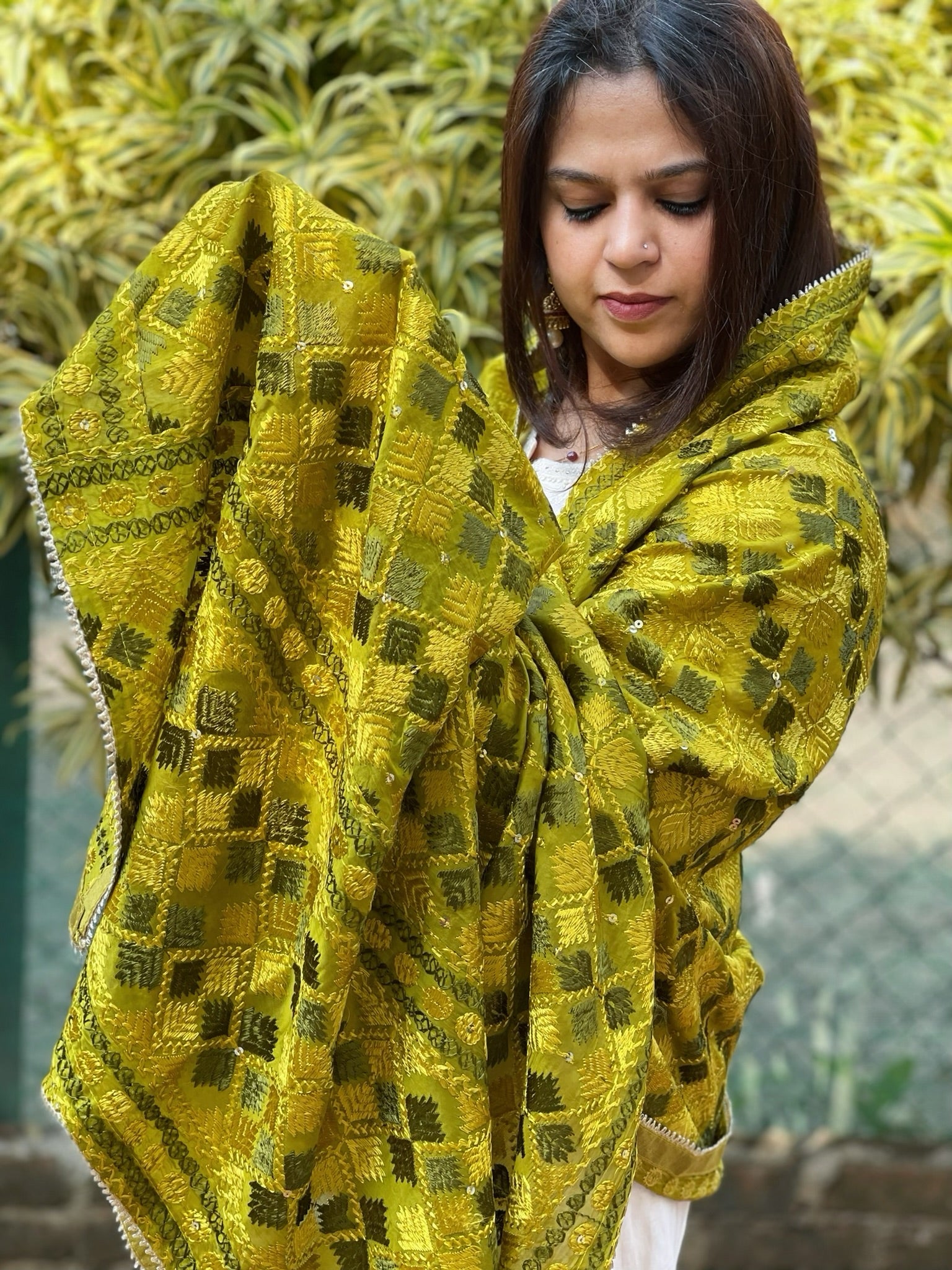 Lime Green Designer Phulkari Dupatta in Chinon - Masakalee